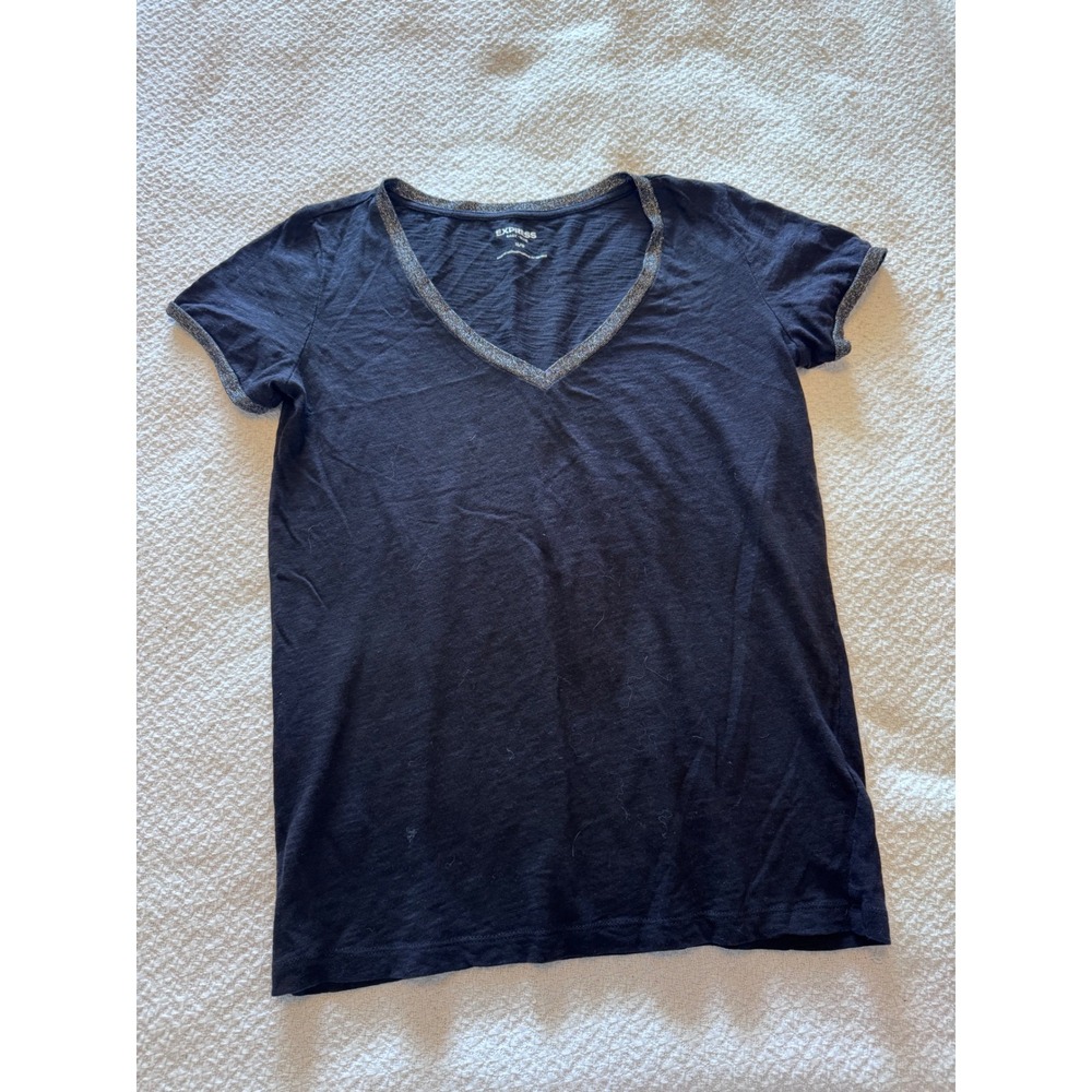 Express Easy Slub V-Neck Tee Metallic Trim Black XS Short Sleeve Top